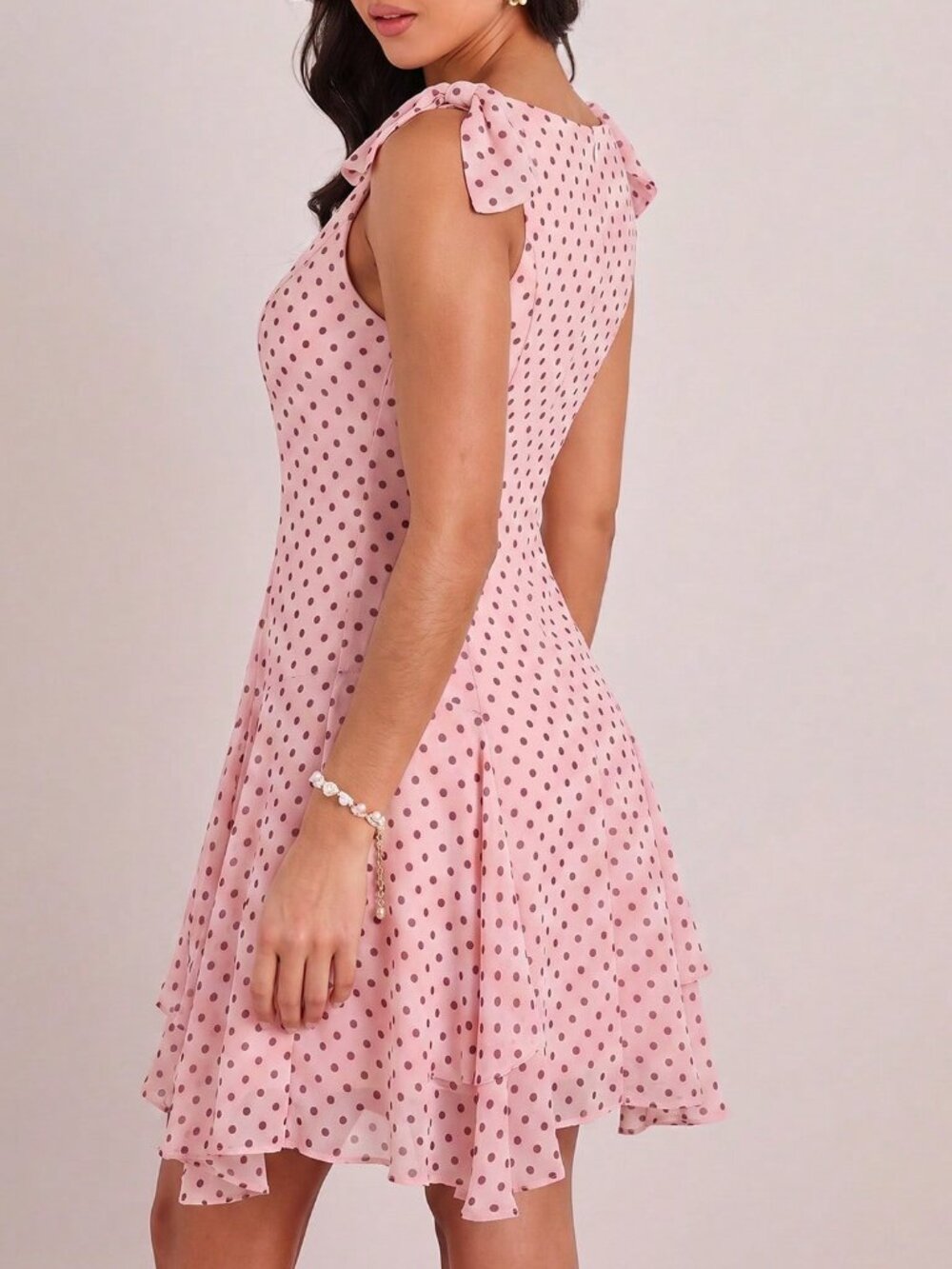 Pink French Women's Elegant Polka Dot Pleated Mini Dress - Picture 7 of 9